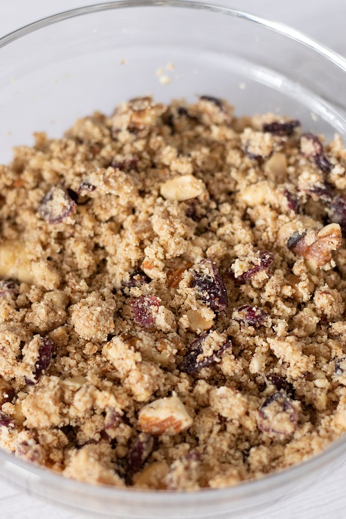 Filling with walnuts, hazelnuts, almonds, peanut butter and dried cranberries.