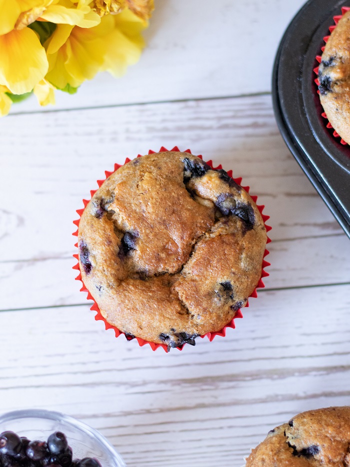 Overhead shot of delicious and fluffy vegan breakfast, snack or dessert muffin made with frozen wild blueberries and spelt flour