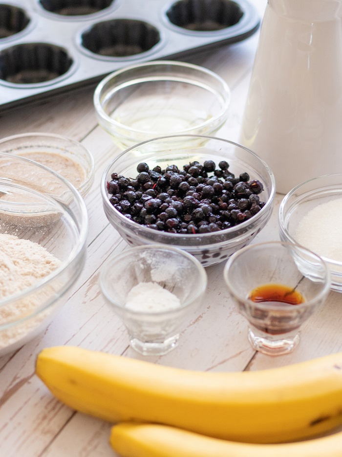 Healthy everyday ingredients for baking fluffy blueberry muffins