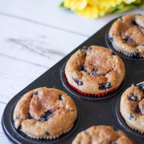 Freshly bake vegan blueberry muffins in muffin tin on wooden table with yellow flowers
