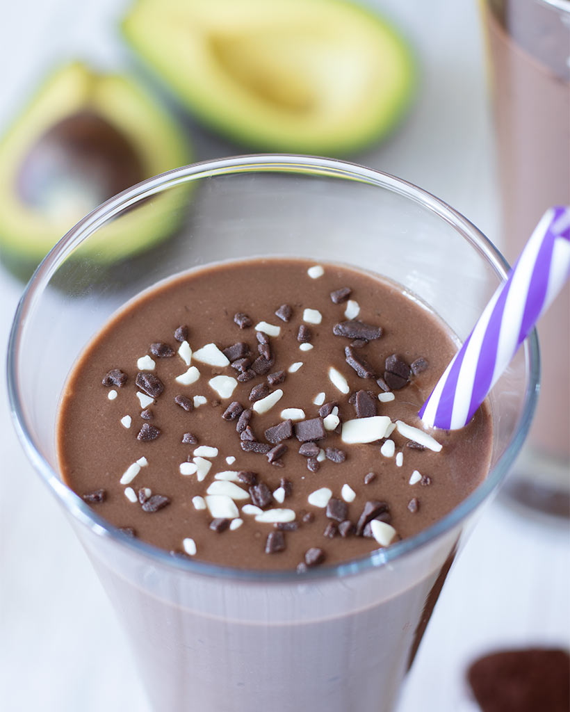 Chocolaty avocado decadent smoothie. Sugar-free, gluten-free, dairy-free vegan drink.