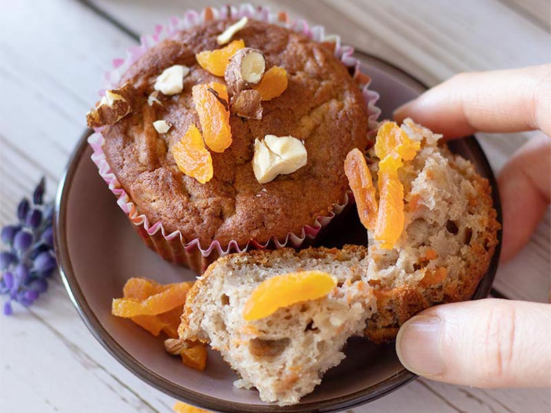 Gluten-free, low-calorie muffins recipe with carrots and pineapple for breakfast, trips, dessert