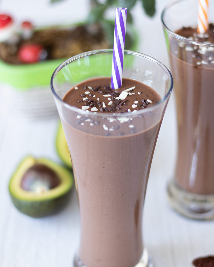 Best quick, simple, easy recipe for chocolate avocado banana smoothie that is nut-free, dairy-free, gluten-free, sugar-free.