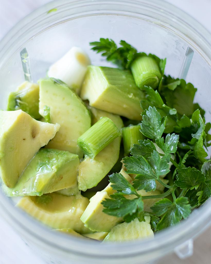 Fresh green vegan easy recipe for parsley avocado dipping sauce.
