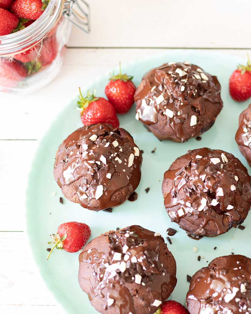 Tasty and mouthwatering chocolate strawberry muffins for dessert, snack or treat