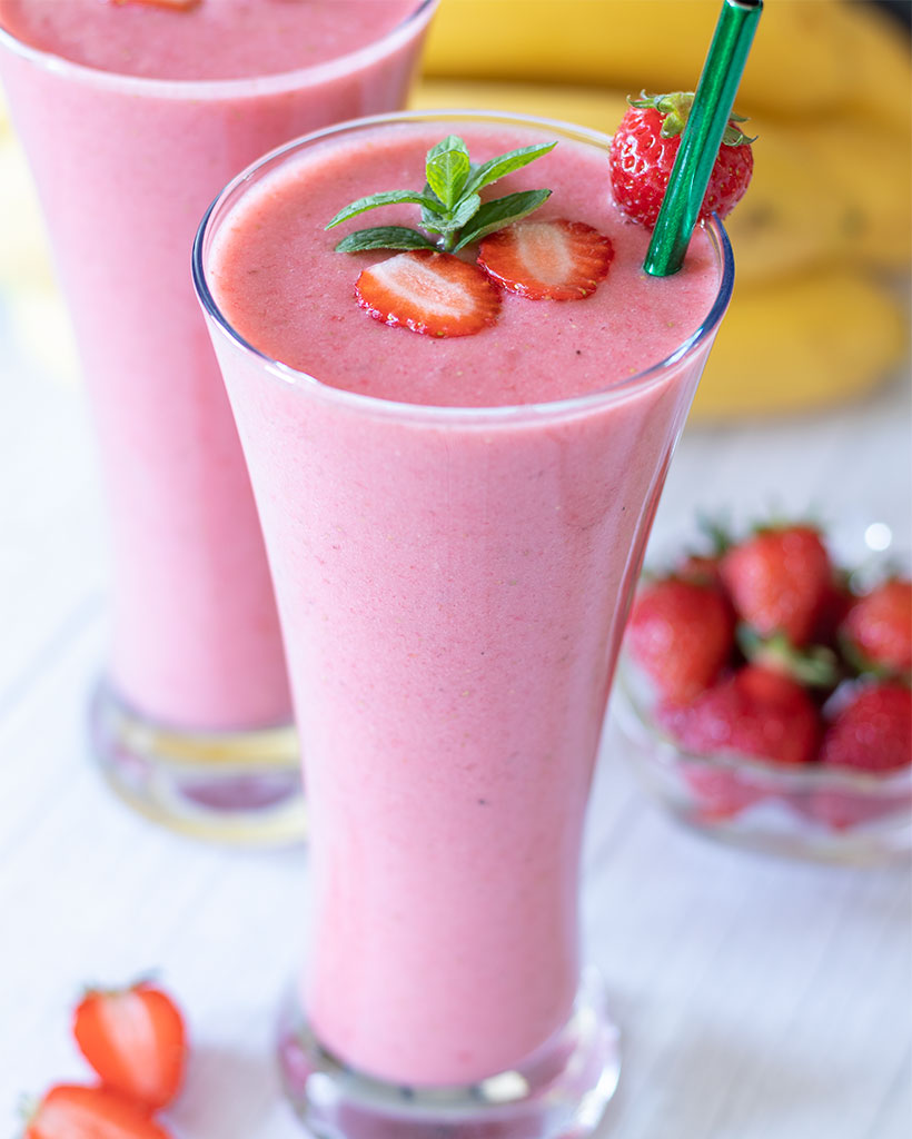 Simple vegan strawberry banana smoothie with almond milk