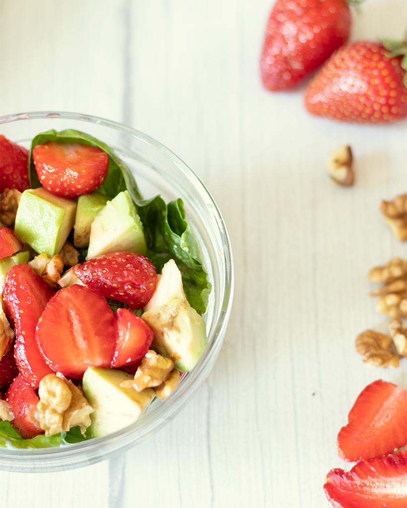 No sugar, naturally sweetened strawberry fruit vegetable salad recipe with walnuts