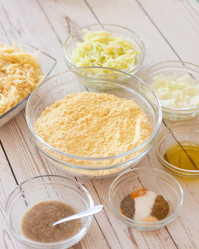 Simple, wholesome ingredients for baked (not fried) potato fritters with chickpea flour