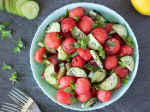Vegan minty watermelon cucumber salad with easy lemon vinaigrette