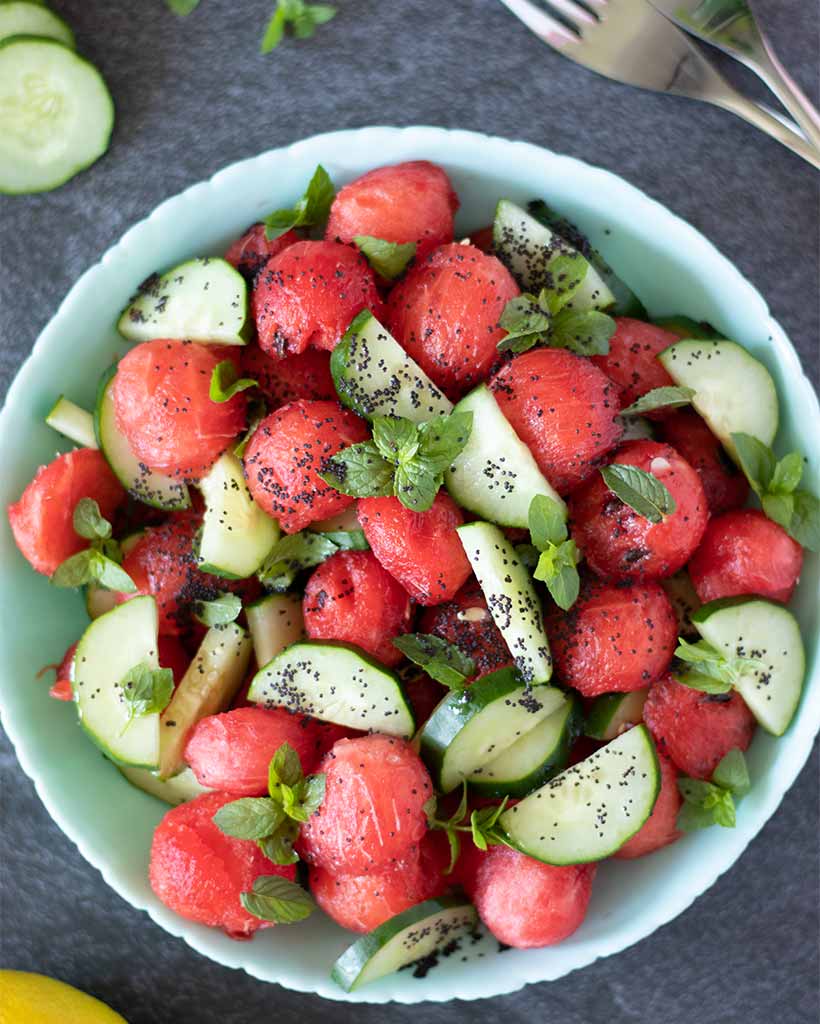 Quick vegan mint watermelon cucumber salad (no feta)