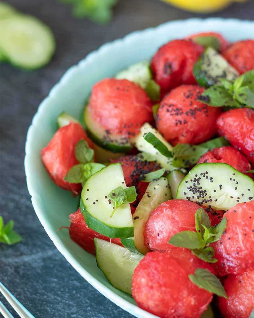 Kid-friendly summer salad recipe with fresh watermelon, mint and cucumber