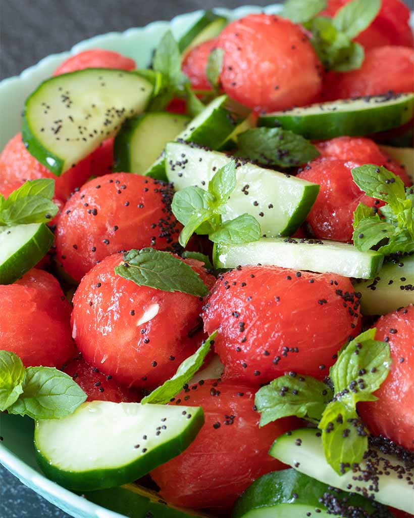 Plant-based minty watermelon cucumber salad (low calorie for weight loss diet)