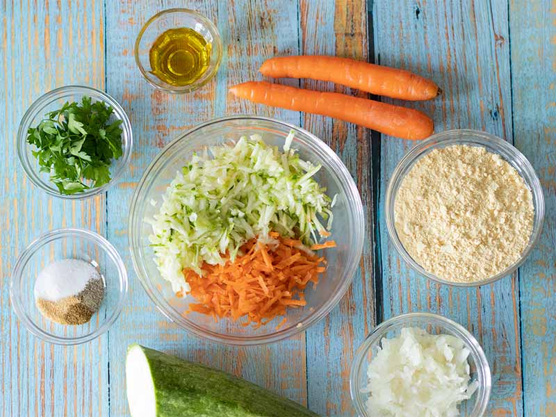 Wholesome, plant-based ingredients for cooking tasty vegan zucchini fritters