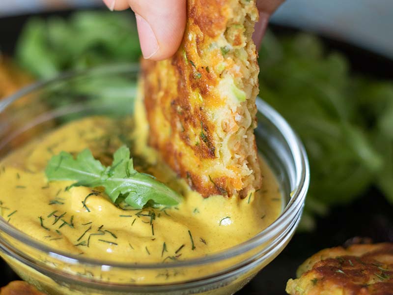 What do you eat with fritters? Veggie patty dipped in mustard sauce.