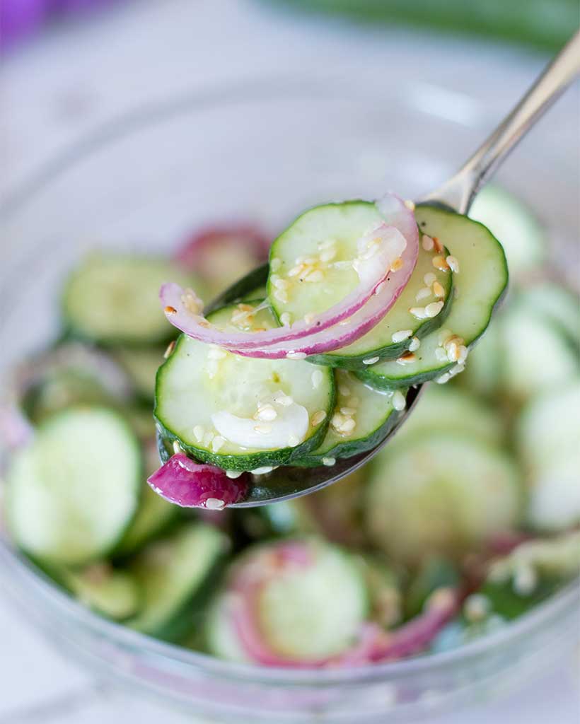 Cucumber vinegar onion salad recipe. A big spoon full of healthy plant-based salad ingredients. Gluten free and dairy free.