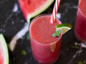 Watermelon banana lime shake with fresh mint.