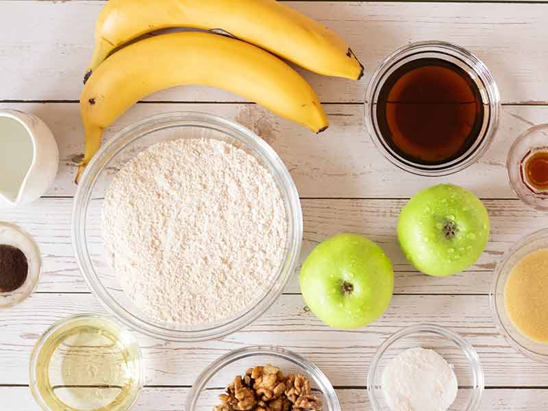 Simple, wholesome ingredients for baking breakfast cake. Refined-sugar free and dairy-free fall dessert.