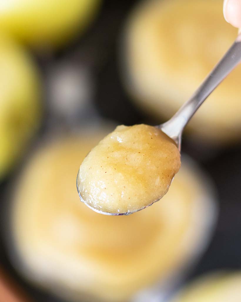 A spoonful of easy sugarless apple puree as a snack or sweet treat.