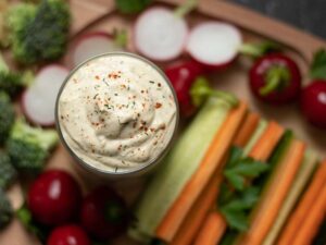 A jar with thick and creamy vegan ranch dressing or dip in a wooden plate garnished with fresh chopped veggies as a side dish or snack.