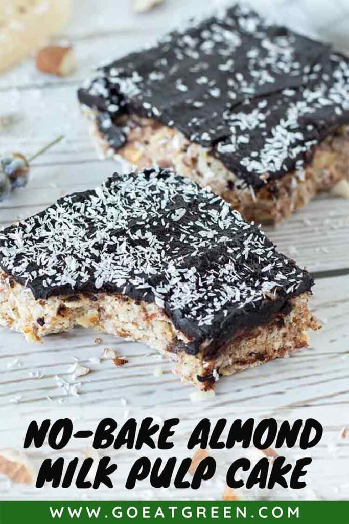 Easy no-bake almond milk pulp cake with homemade melted chocolate and coconut flakes.