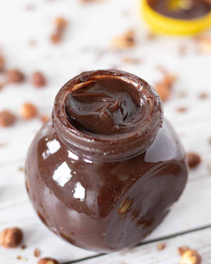 Dairy-free, creamy Nutella made at home with roasted hazelnuts and dates. 