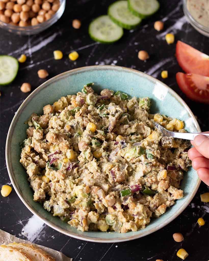 Delicious vegan tuna salad with chickpeas and avocado. Easy fish-free, oil-free, egg-free, dairy-free, meat-free side dish, dinner, lunch, snack or appetizer.