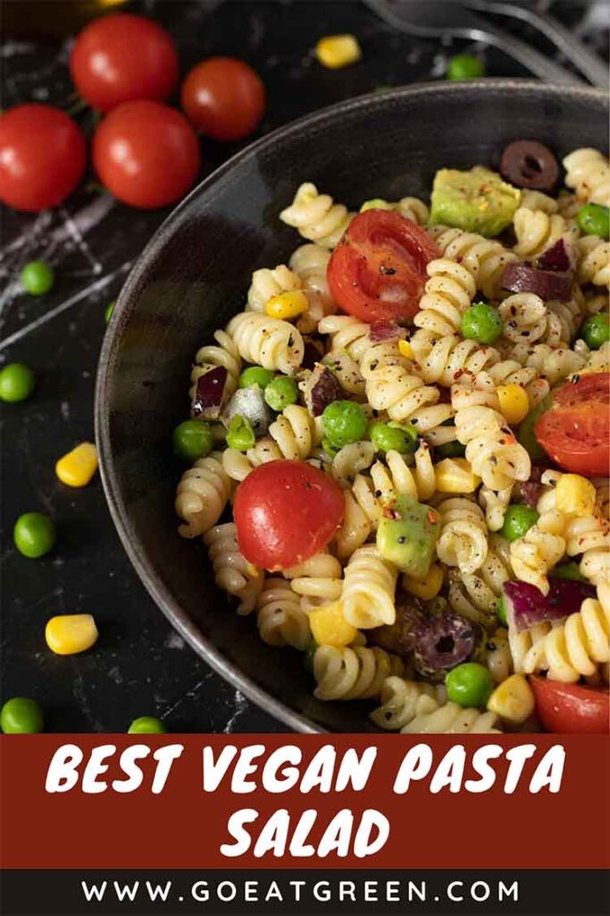 Quick and easy plant-based vegan pasta salad (no mayo).