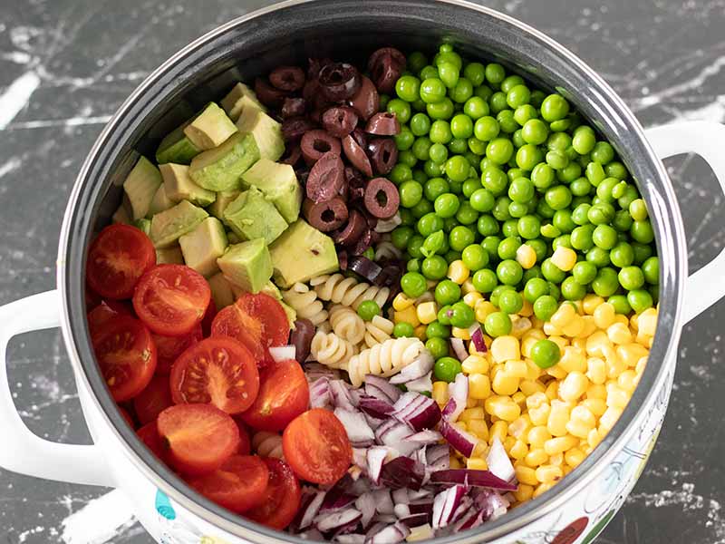 Wholesome and budget-friendly colorful veggies and pasta in a pot for cooking yummy weight-loss friendly pasta salad.