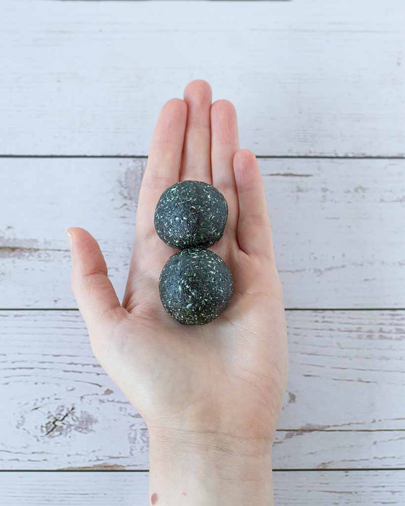 Hand holding green vegan protein balls with spirulina powder and dates as a quick and easy snack or dessert idea.