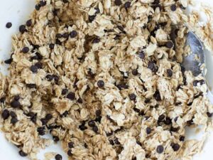 Vegan dough with chocolate chips and oatmeal for kid-friendly sweet treats.