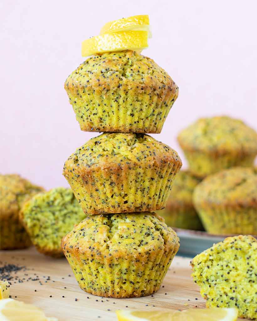 Best recipe for lemon poppy seed muffins without yogurt or dairy. Quick and easy low sugar dessert, breakfast, or snack.