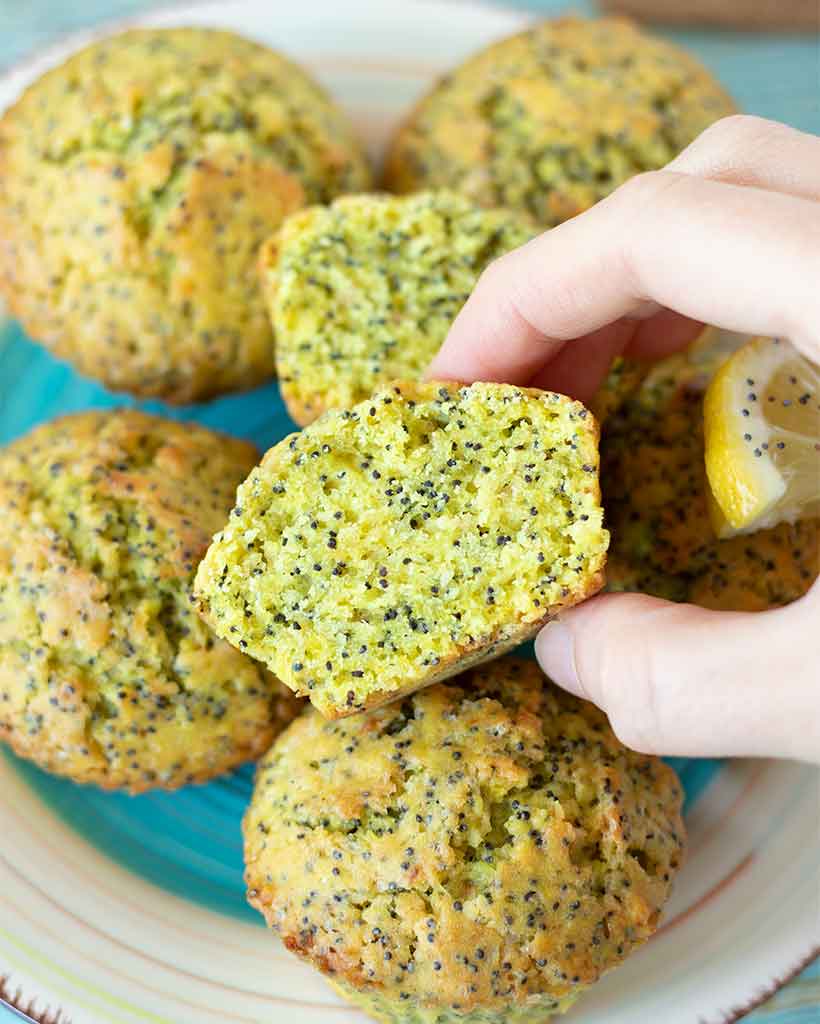 Moist and healthy vegan lemon muffins with poppy seeds.