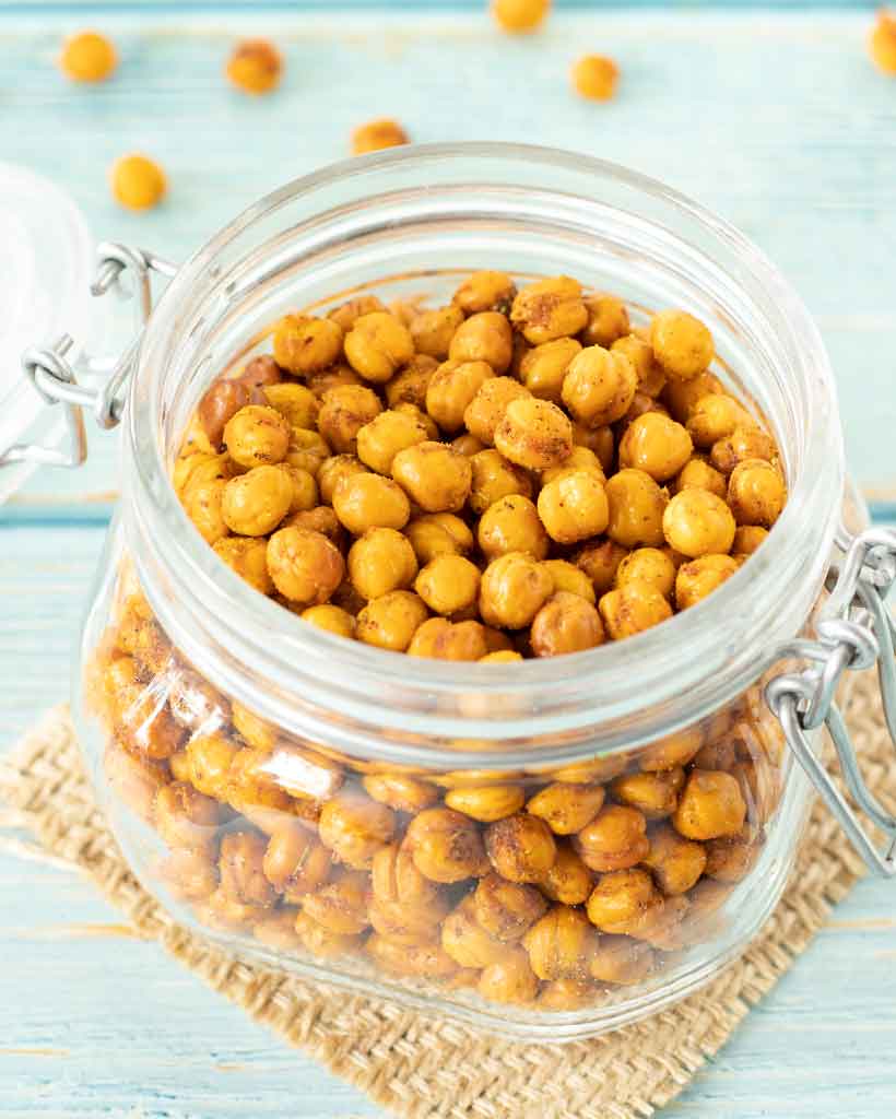 Roasted chickpeas snacks in a glass jar