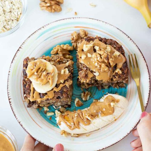 Banana baked oatmeal recipe (no sugar, no egg). Healthy vegan plant-based breakfast, snack, brunch, or dessert.