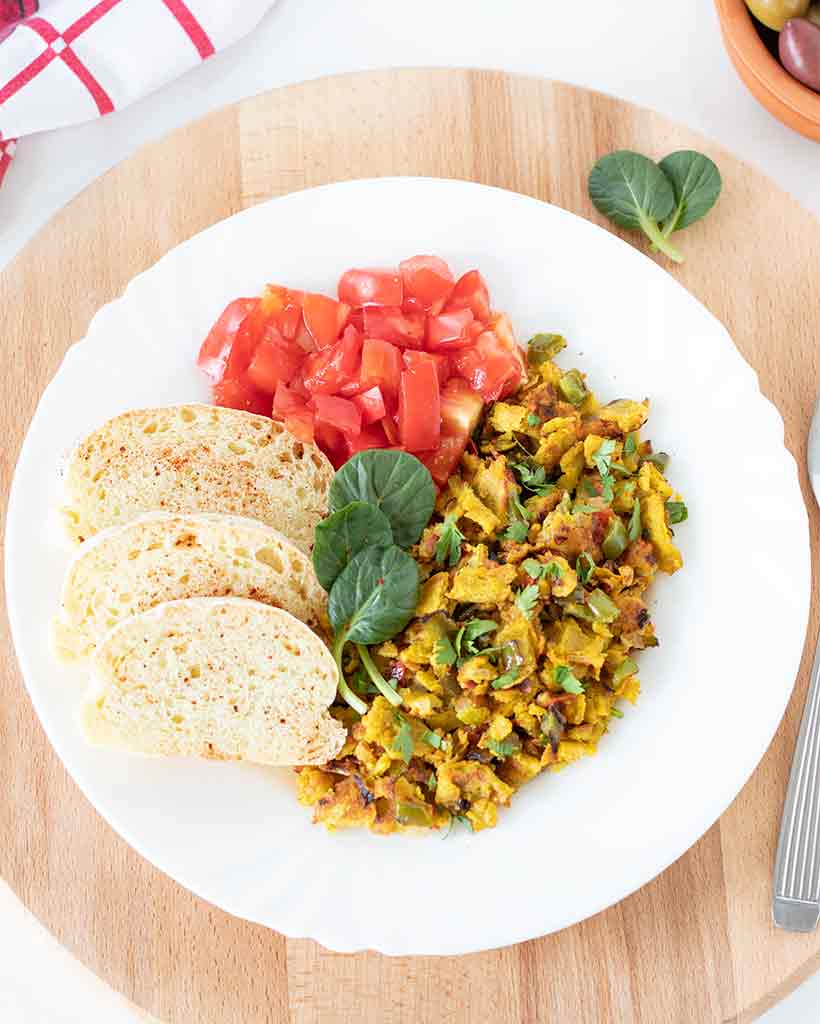 Quick and easy chickpea flour vegan scramble without tofu for breakfast or brunch