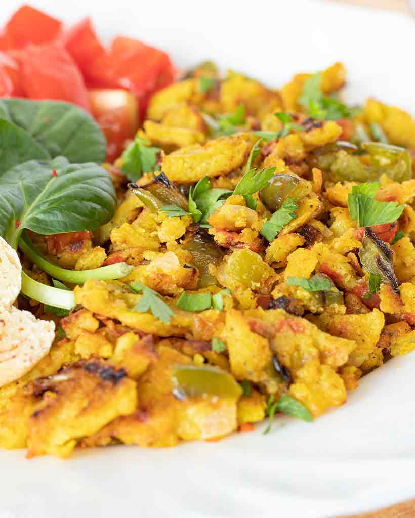 Easy vegan scrambled made with gluten-free chickpea flour and healthy vegetables