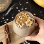 Healthy vegan oatmeal smoothie with peanut butter, banana, and cinnamon as a quick weight-loss breakfast drink