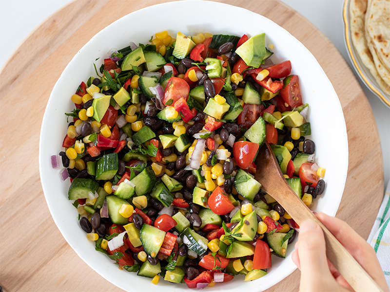 Vegan black bean and corn salad in a bowl