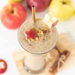 Apple peanut butter smoothie with cinnamon, dates, oats, and chia seeds for a healthy vegan protein breakfast or snack