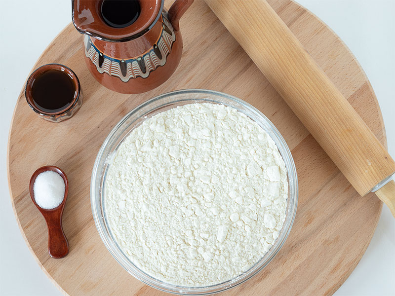 Homemade flour tortillas ingredients: all-purpose flour, extra virgin olive oil, warm water, and salt