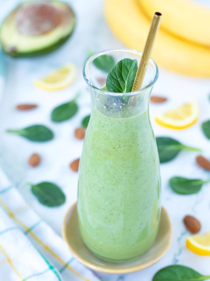 Vegan banana avocado spinach smoothie.