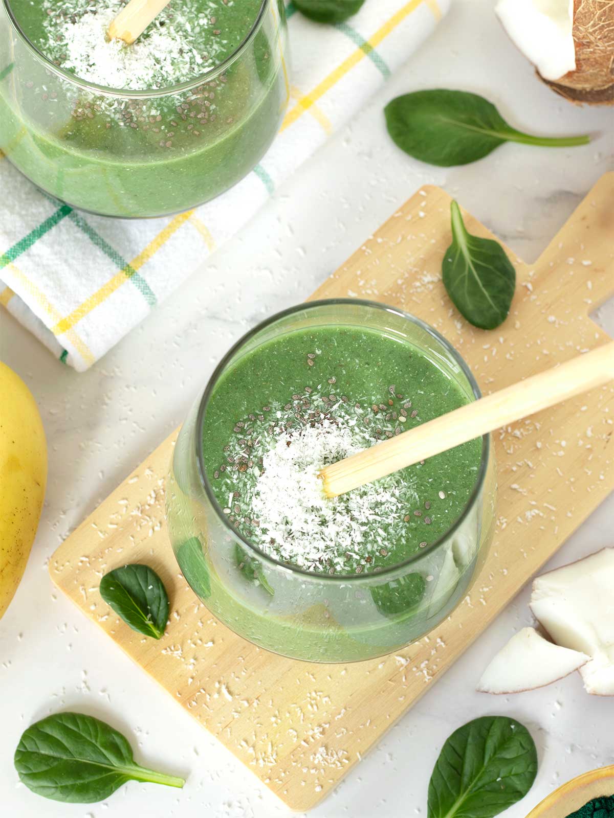 Coconut water spinach banana smoothie with spirulina