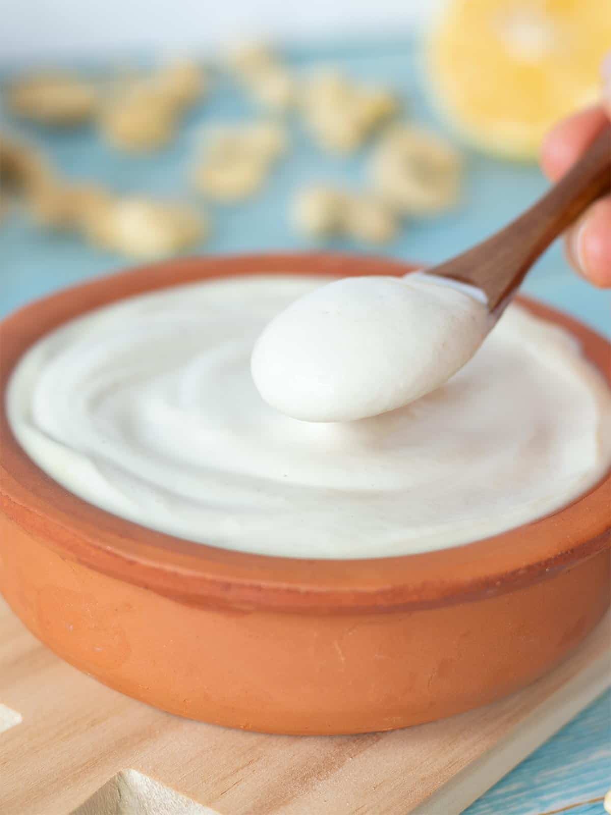 Smooth and creamy dairy-free and factose-free substitute for regular sour cream in a spoon over a rustic bowl