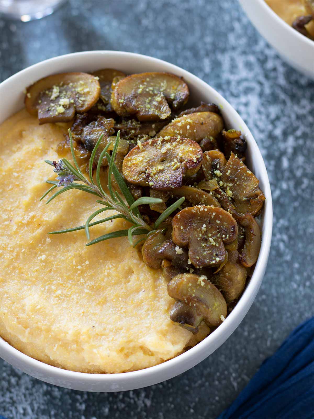 Creamy polenta with mushrooms in a bowl