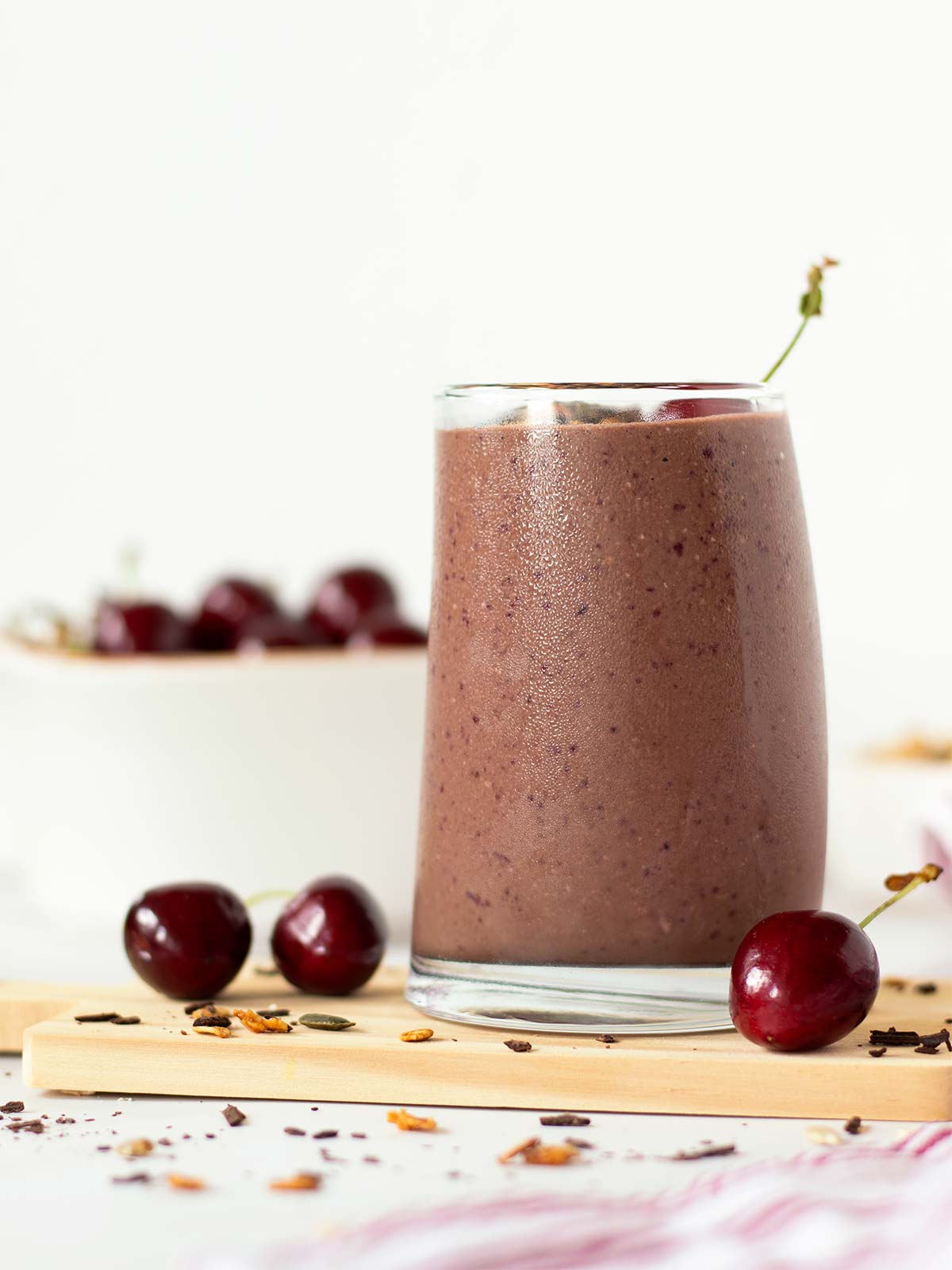 Cherry cacao oatmeal smoothie in a glass