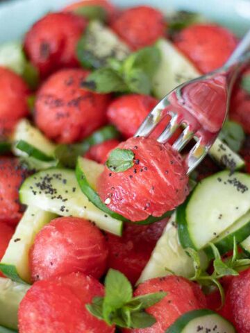 Vegan minty watermelon cucumber salad without feta