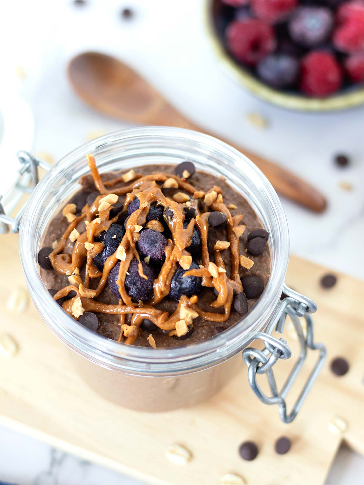 Chocolate peanut butter blended overnight oats in a jar for breakfast meal prep