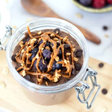 Chocolate peanut butter blended overnight oats in a jar for breakfast meal prep