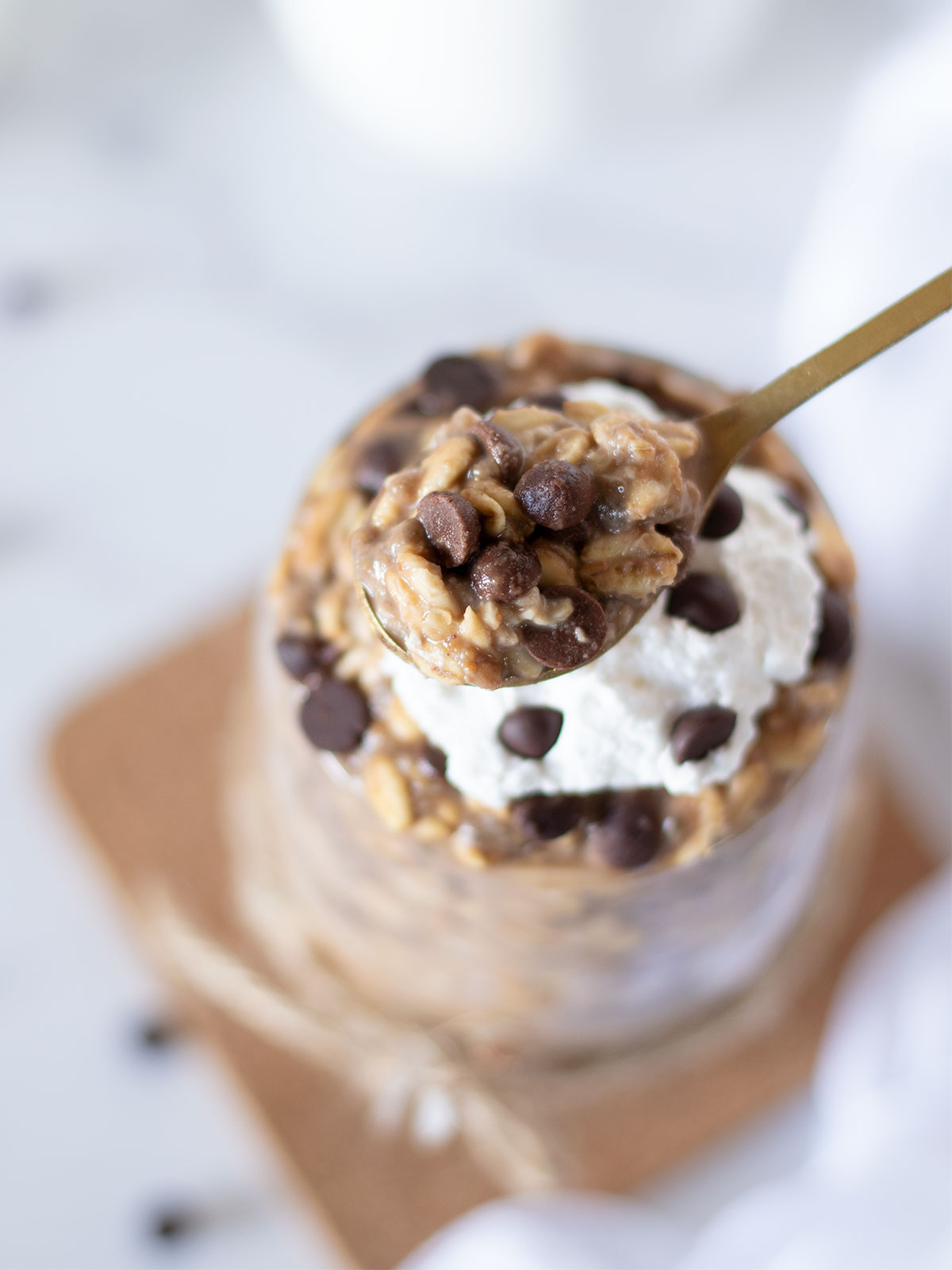 Spoonful of healthy high-protein cookie dough overnight oats.