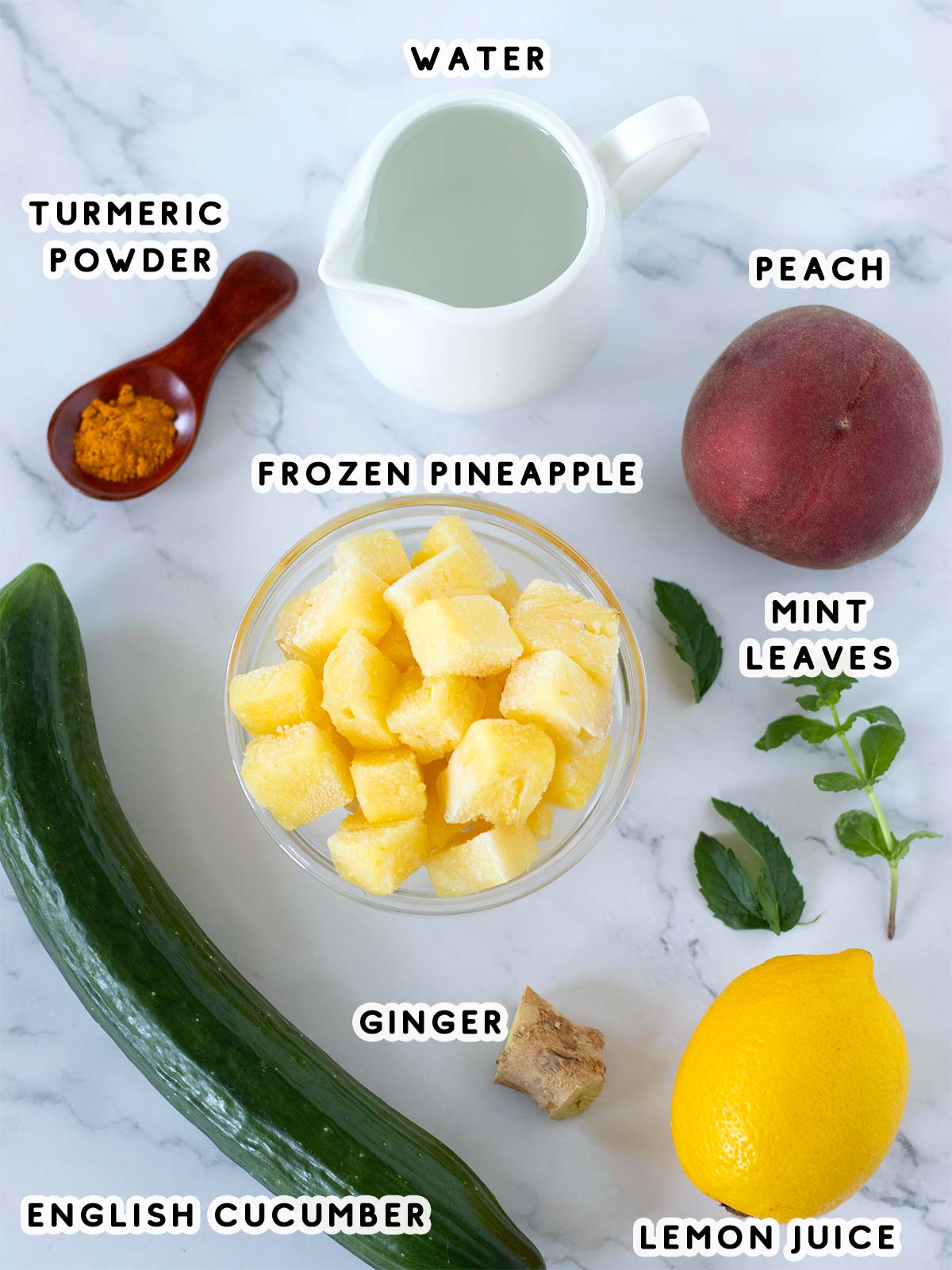 Simple fat-burning ingredients for making healthy pineapple cucumber peach and ginger drink to lose weight.